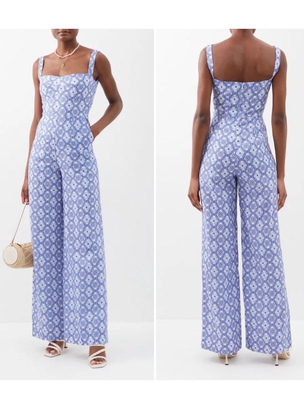Saloni Rachel Jumpsuit Blue White Floral Lace Print Linen Size 6 Wide Leg‎ Chic